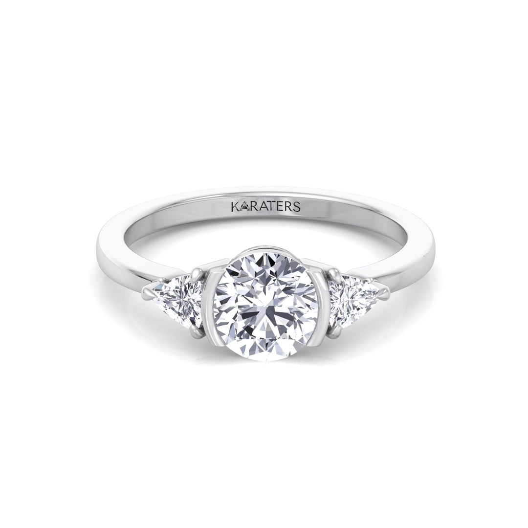 Half Bezel Round Shape Lab-Grown Diamond Engagement Ring with Trillion Sidestones White Gold 14K