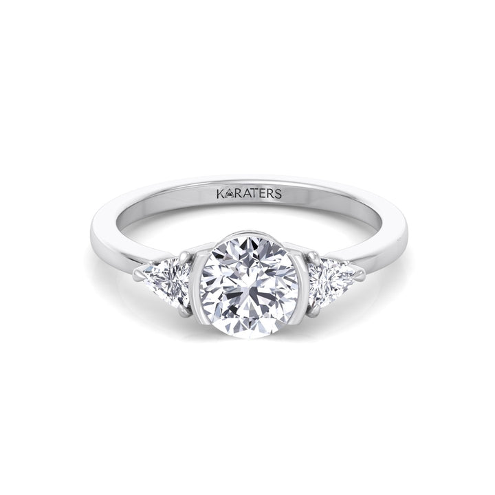 Half Bezel Round Shape Lab-Grown Diamond Engagement Ring with Trillion Sidestones White Gold 14K