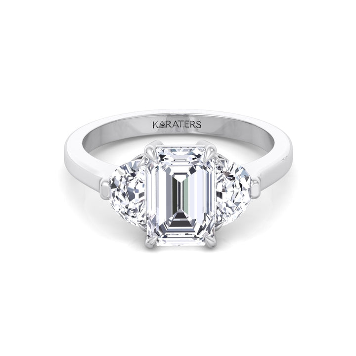 Emerald Shape Lab Grown Diamond Engagement Ring with Half Moon Sidestones White Gold 14K