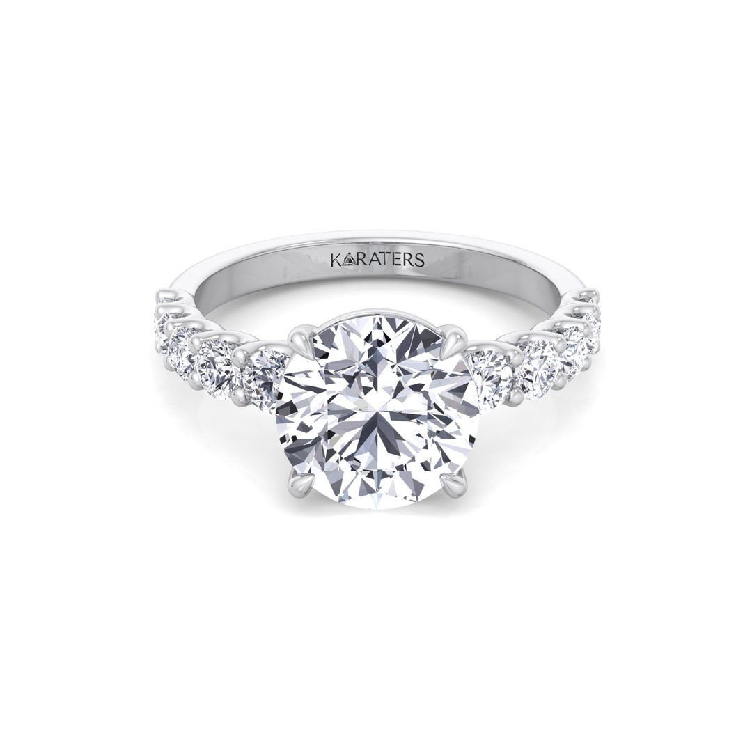 Round Shape Lab Grown Diamond Engagement Ring with Graduated Sidestones White Gold 14K