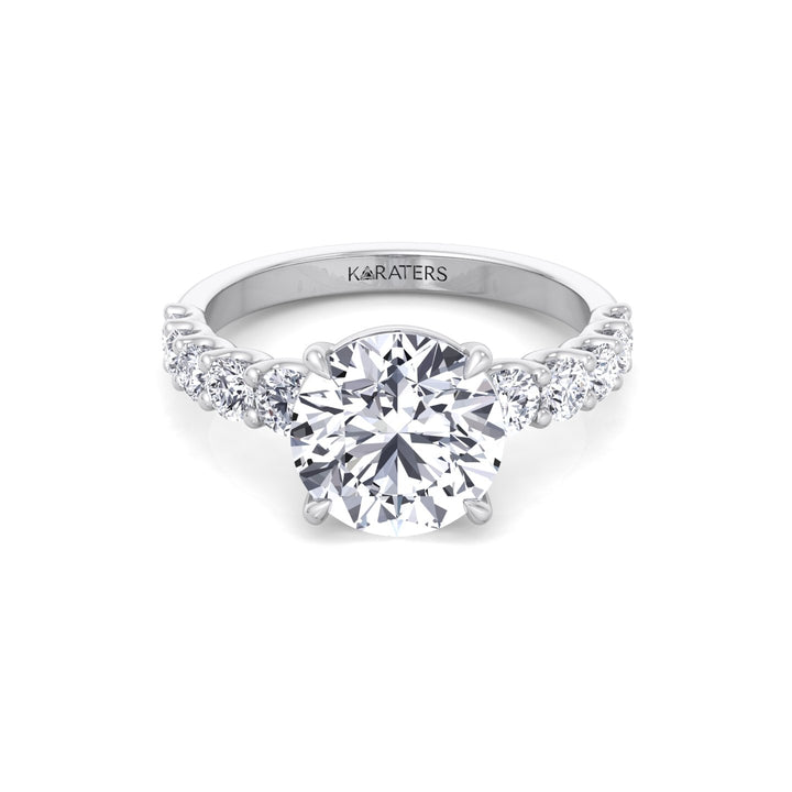 Round Shape Lab Grown Diamond Engagement Ring with Graduated Sidestones White Gold 14K