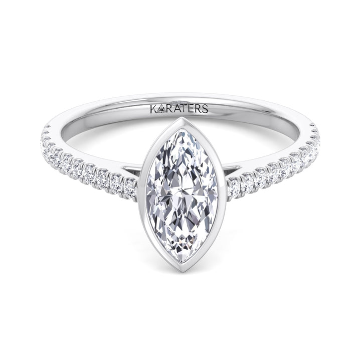 Bezel Set Marquise Shape Lab Grown Diamond Engagement Ring With Cathedral Style Pave Band