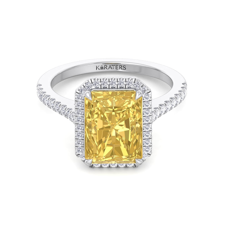 Elba - Radiant Cut Canary Yellow Lab-Grown Diamond Engagement Ring With Pave Band and Halo