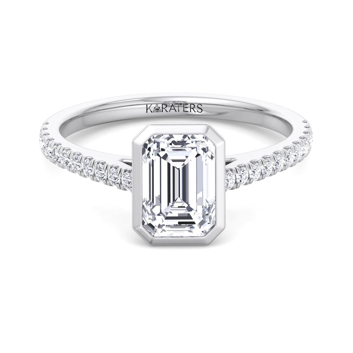 Emerald Cut Bezel Set Lab Grown Diamond Engagement Ring with Cathedral Style Pave Band