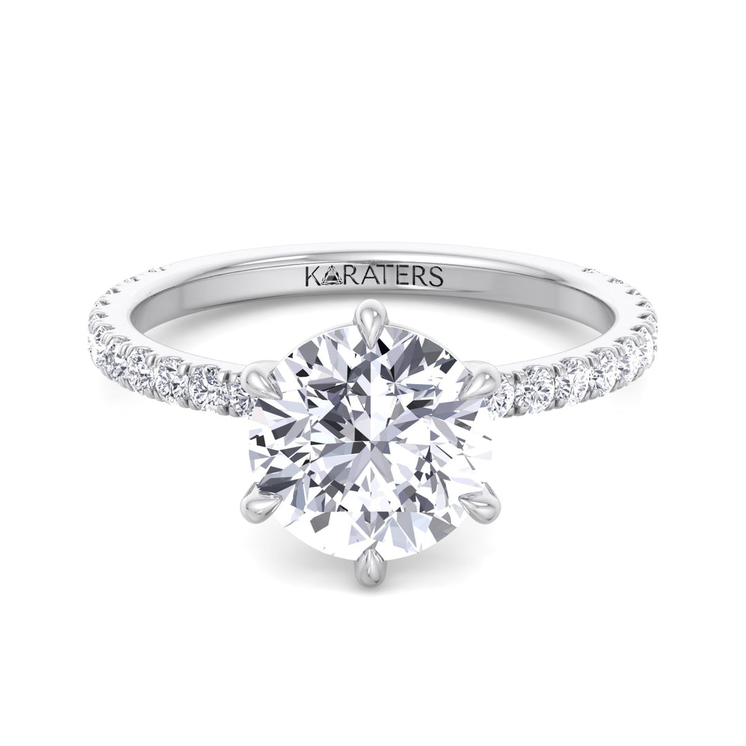 Six Prong Round Cut Lab Grown Diamond Engagement Ring With Pave Band
