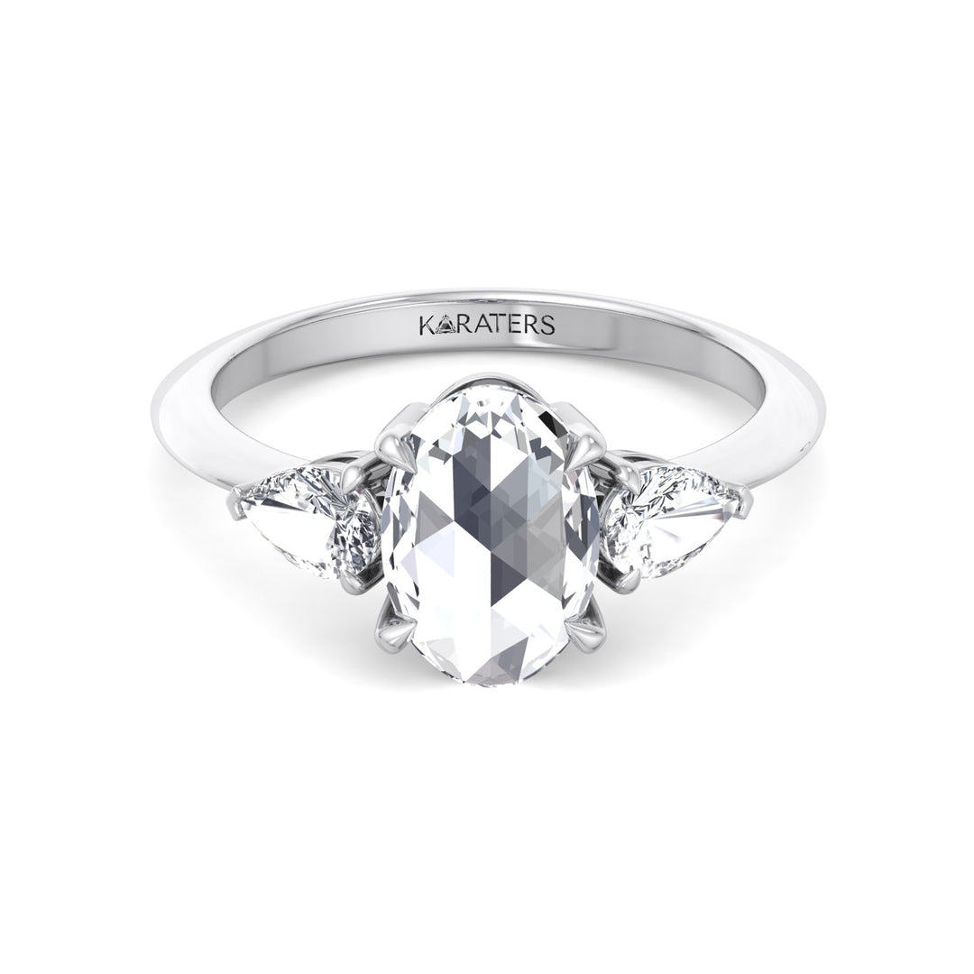 Oval Rose-Cut Lab Grown Diamond Engagement Ring with Pear Sidestones White Gold 14K
