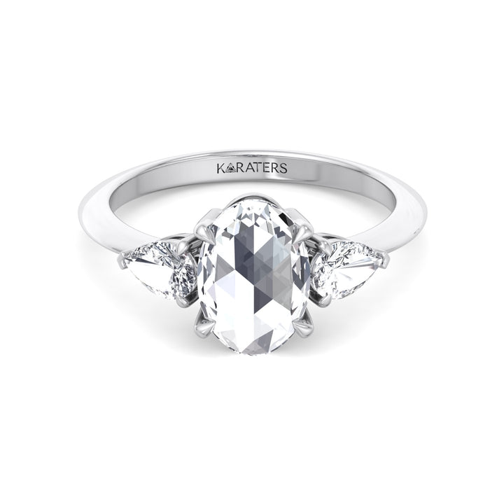 Oval Rose-Cut Lab Grown Diamond Engagement Ring with Pear Sidestones White Gold 14K
