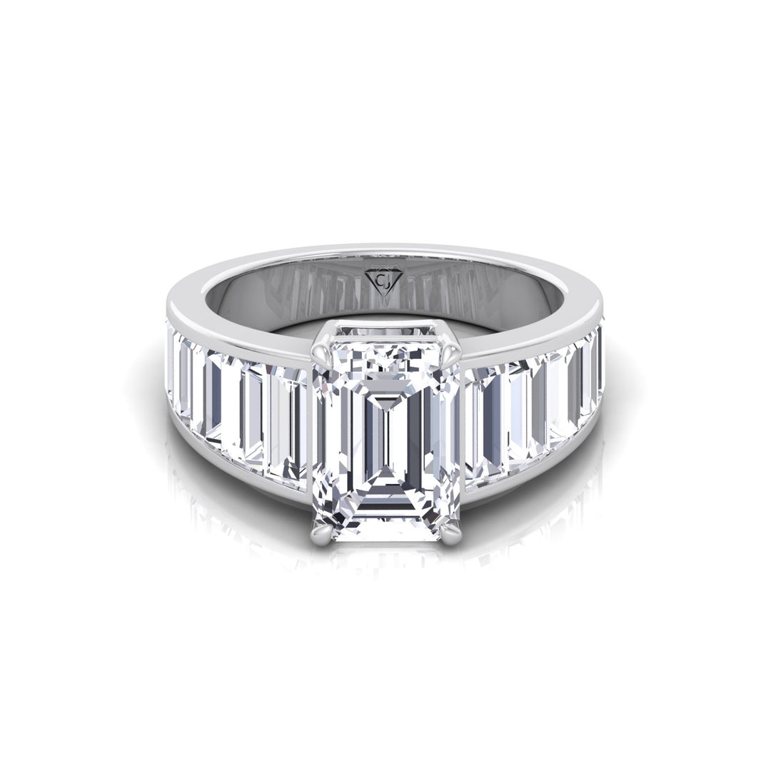 Emerald Shape Lab Grown Diamond Engagement Ring with Graduated Tapered Emerald Sidetones White Gold 14K 
