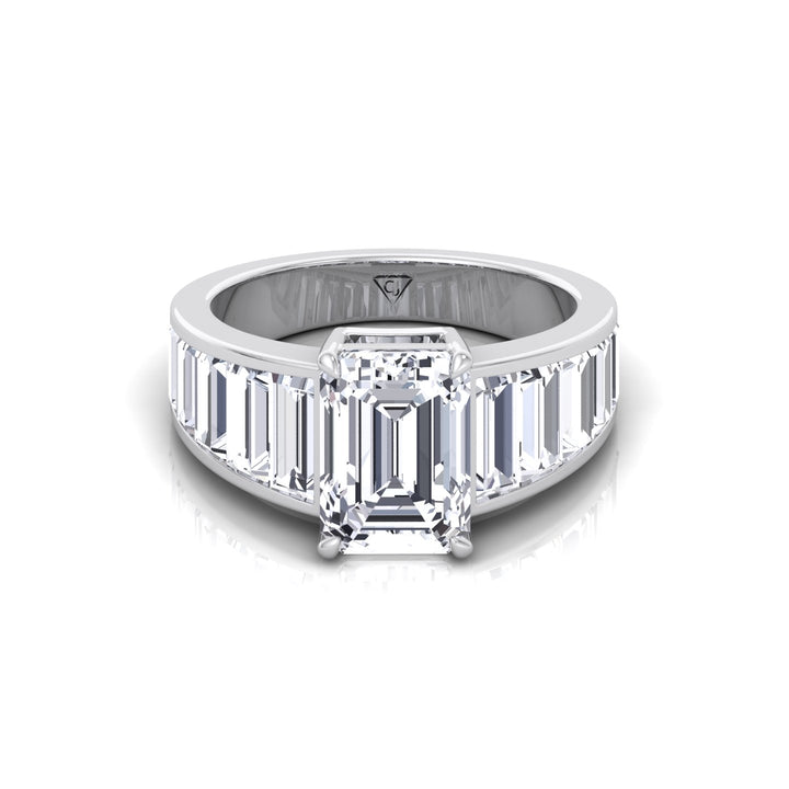 Emerald Shape Lab Grown Diamond Engagement Ring with Graduated Tapered Emerald Sidetones White Gold 14K 