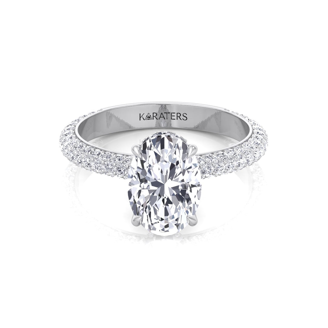 Oval Shape Lab-Grown Diamond Invisible Halo Engagement Ring with Three Row Pave Band White Gold 14K 