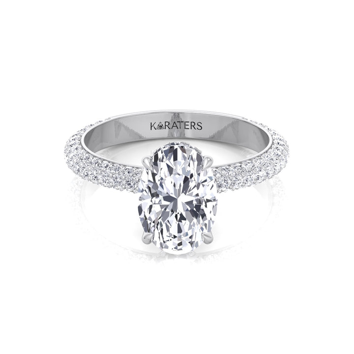 Oval Shape Lab-Grown Diamond Invisible Halo Engagement Ring with Three Row Pave Band White Gold 14K 