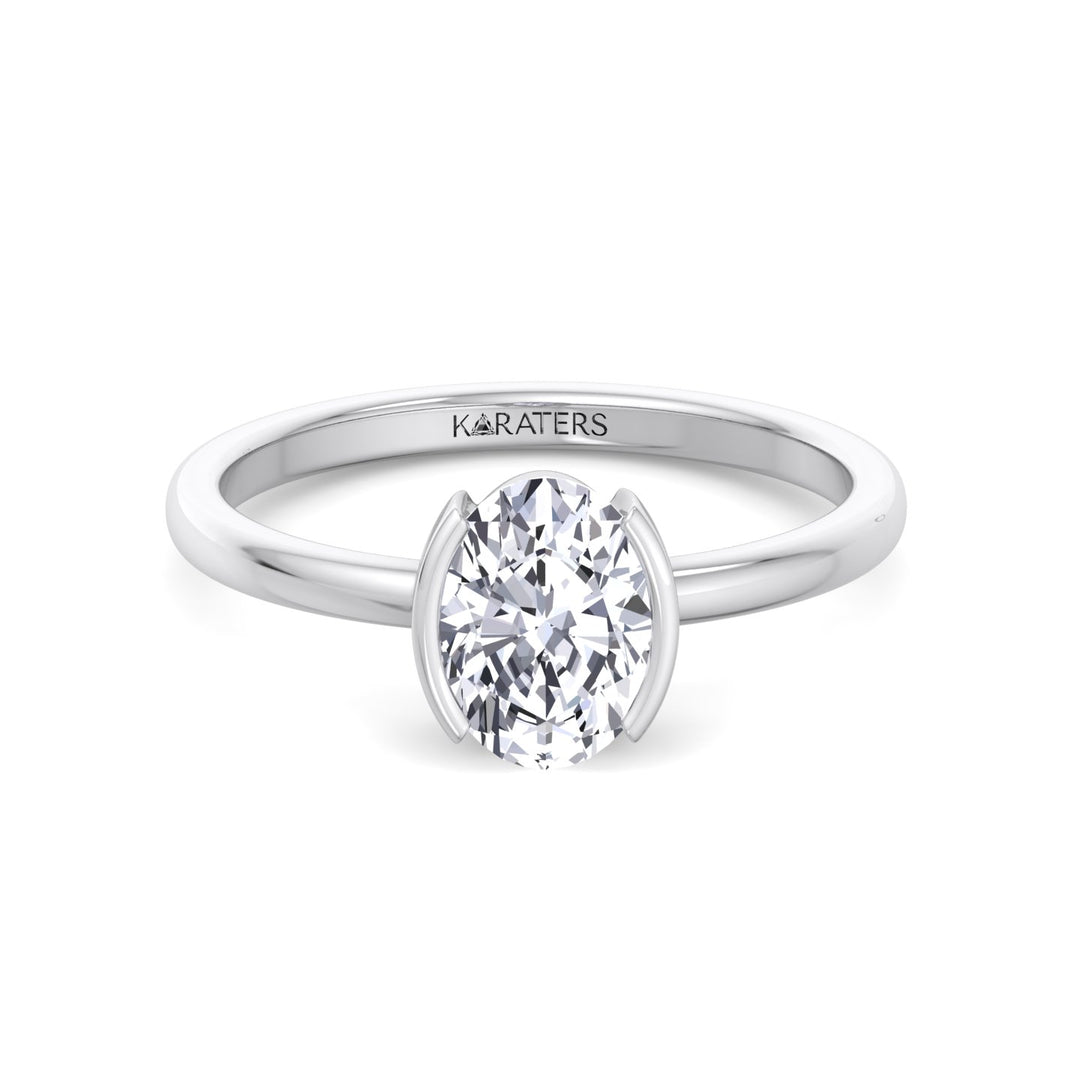 Half Bezel Oval Shape Lab-Grown Diamond Engagement Ring-14K-18K-1CT-2CT-3CT-4CT-5CT-6CT-7CT-8CT-9CT-10CT-White Gold