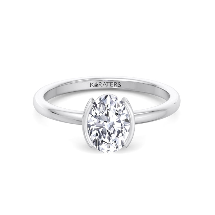 Half Bezel Oval Shape Lab-Grown Diamond Engagement Ring-14K-18K-1CT-2CT-3CT-4CT-5CT-6CT-7CT-8CT-9CT-10CT-White Gold