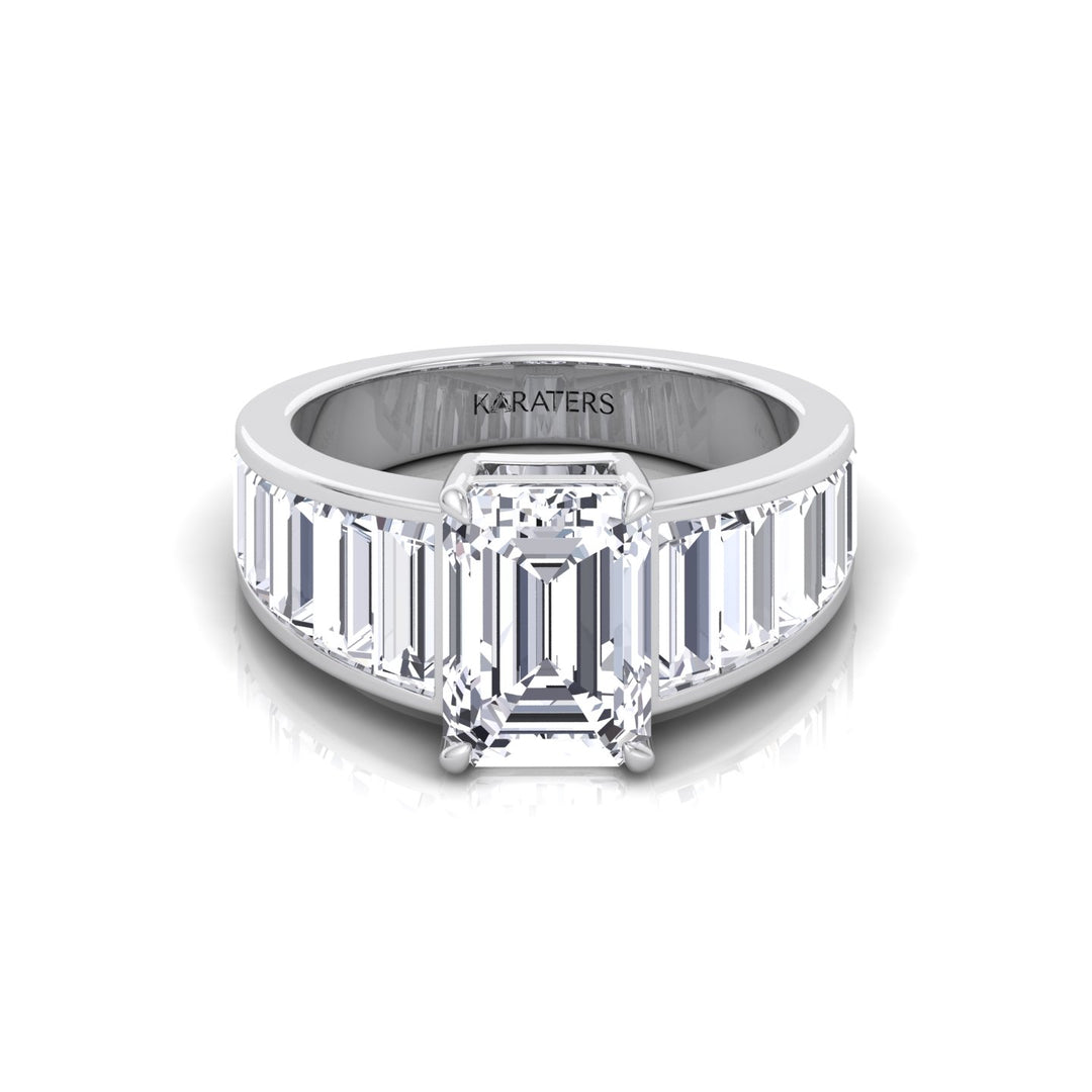 Emerald Shape Lab Grown Diamond Engagement Ring with Graduated Tapered Emerald Sidetones White Gold 14K