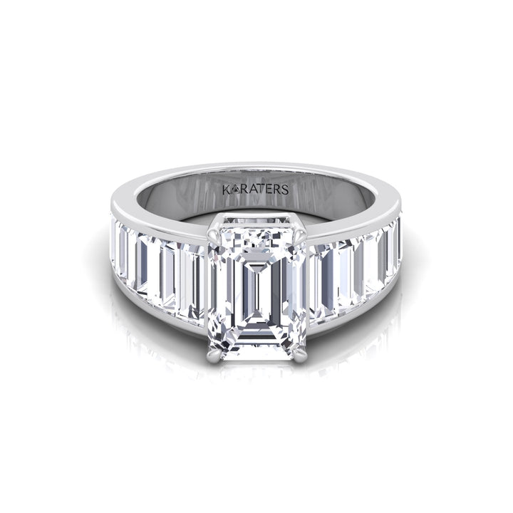Emerald Shape Lab Grown Diamond Engagement Ring with Graduated Tapered Emerald Sidetones White Gold 14K