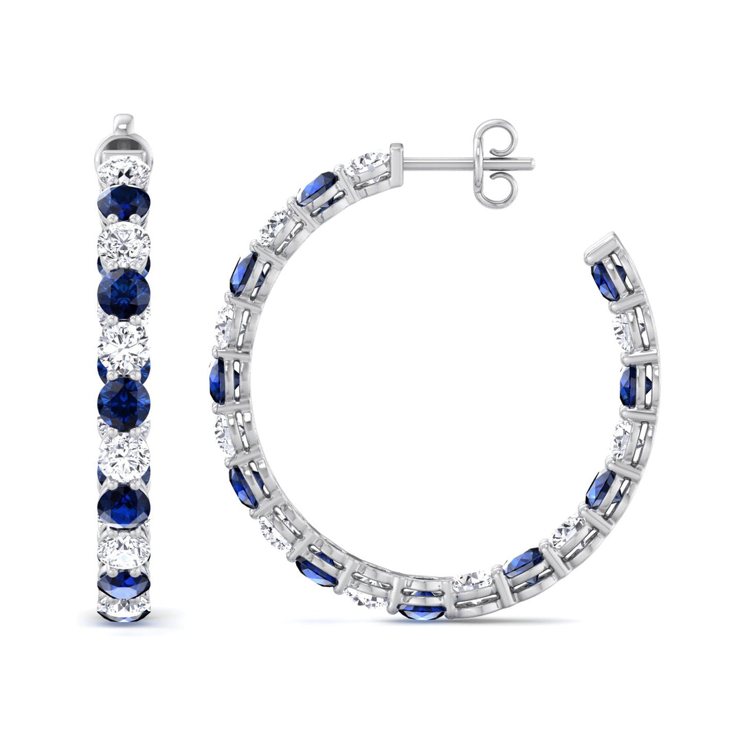 Alternating Lab Grown Blue Sapphire and Diamond Inside Out Hoop Earrings White Gold 18K