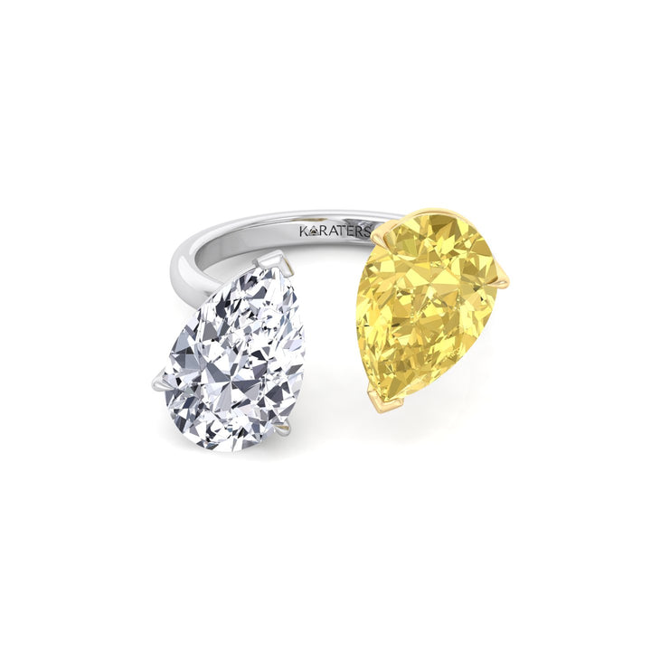 Fancy Yellow & White Pear Shape Lab  Diamond Ring WG 4