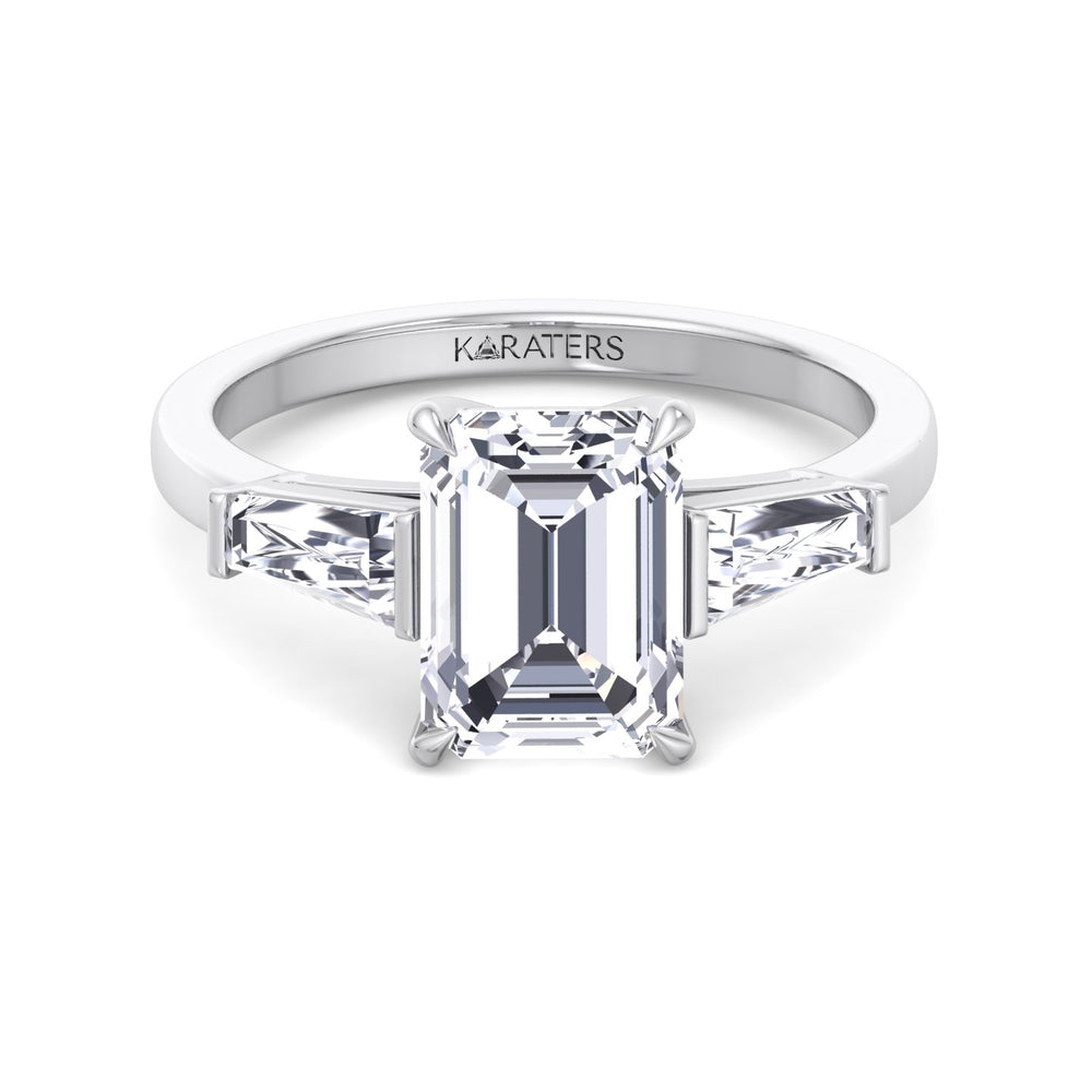 Emerald Cut Grown Diamond Solitaire Engagement Ring With Tapered Baguette Sidestones White Gold 14K 18K