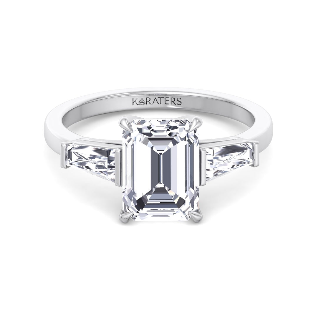 Emerald Cut Grown Diamond Solitaire Engagement Ring With Tapered Baguette Sidestones White Gold 14K 18K