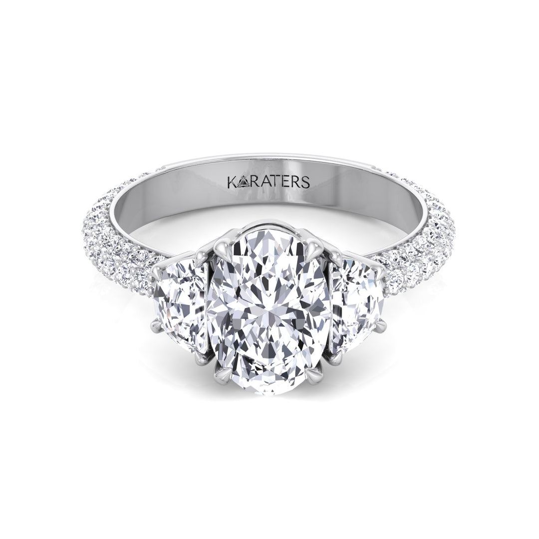 Oval and Half Moon Shape Three Stone Lab Grown Diamond Engagement Ring with Pave Band White Gold 14K
