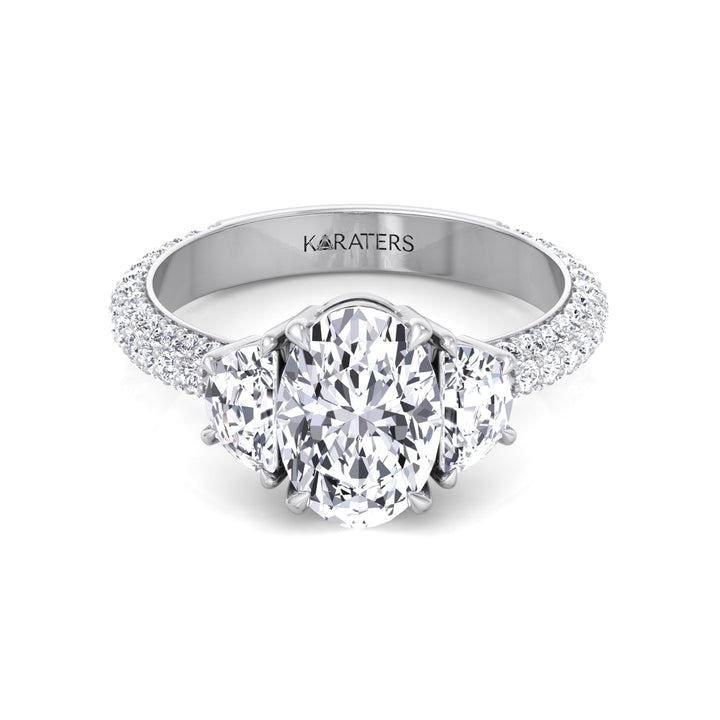 Oval and Half Moon Shape Three Stone Lab Grown Diamond Engagement Ring with Pave Band White Gold 14K