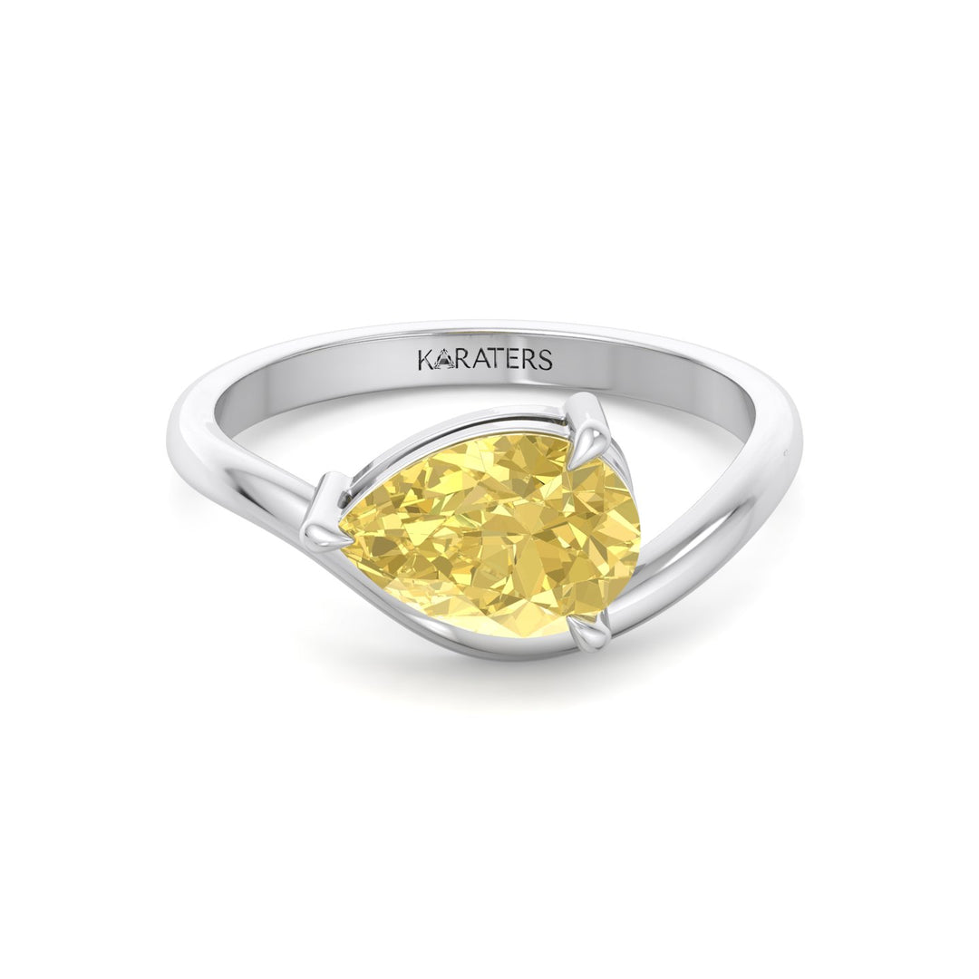 East West Pear Fancy Yellow Shape Lab Grown Diamond Curved Engagement Ring White Gold 14K 