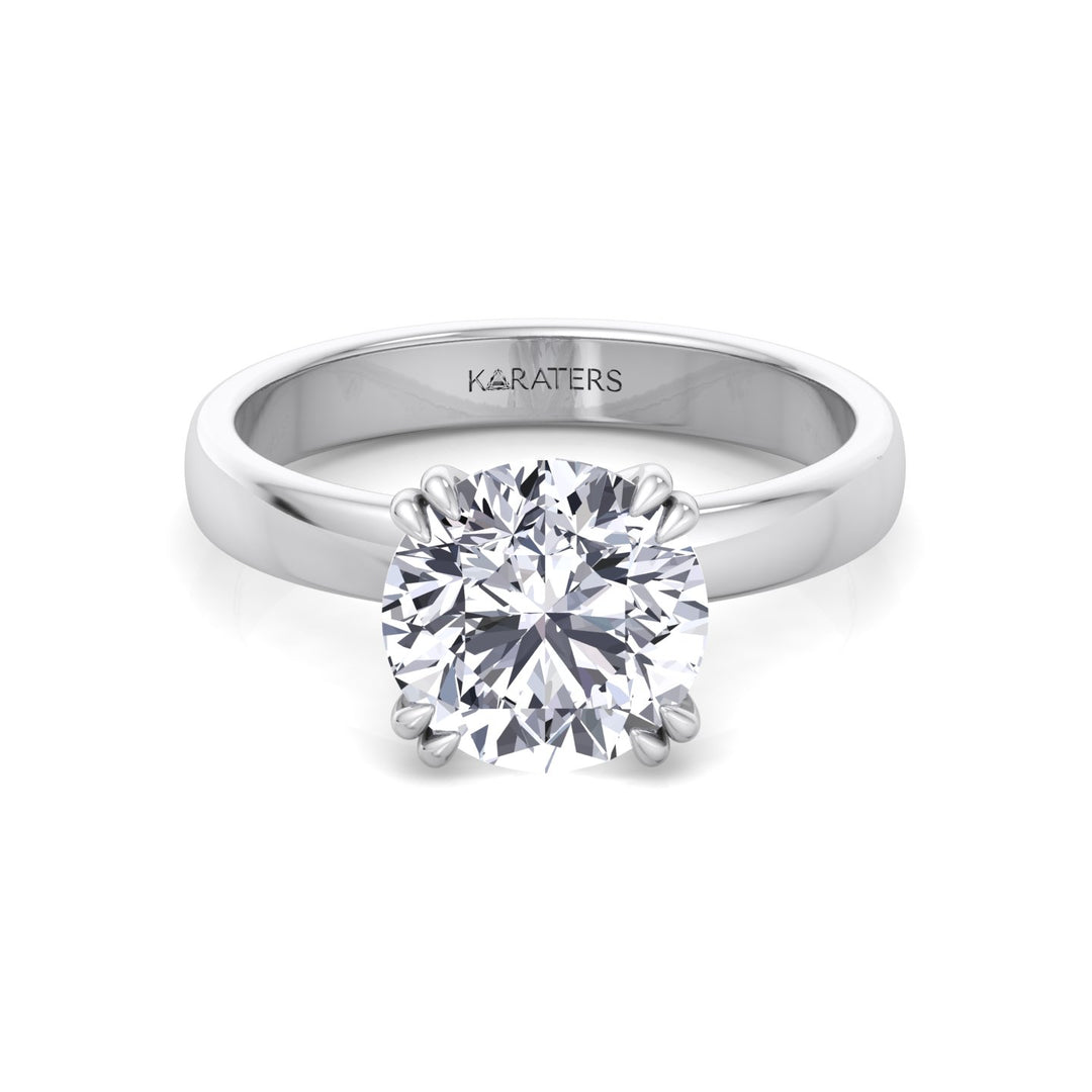 Double Prong Round Shape Lab Grown Diamond Solitaire Engagement Ring with Thick Band White Gold 18K