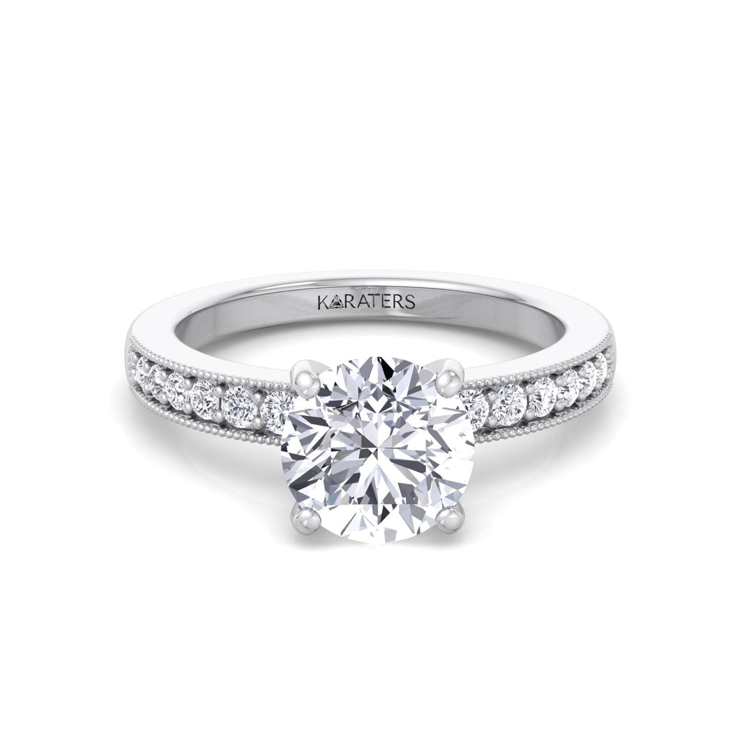 Vintage Round Shape Lab Grown Diamond Engagement Ring with Channel Set Side Stones White Gold 14K 