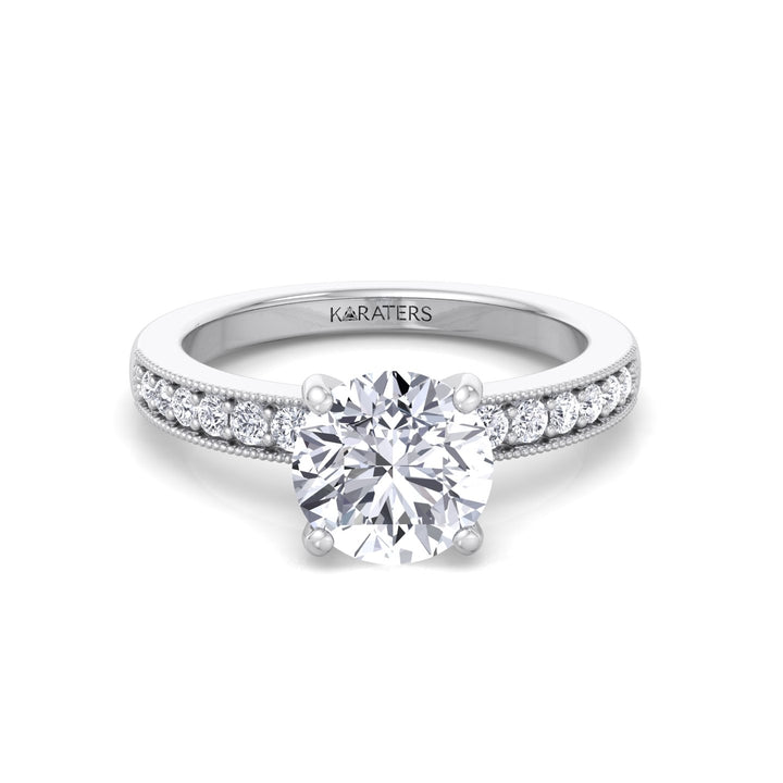 Vintage Round Shape Lab Grown Diamond Engagement Ring with Channel Set Side Stones White Gold 14K 