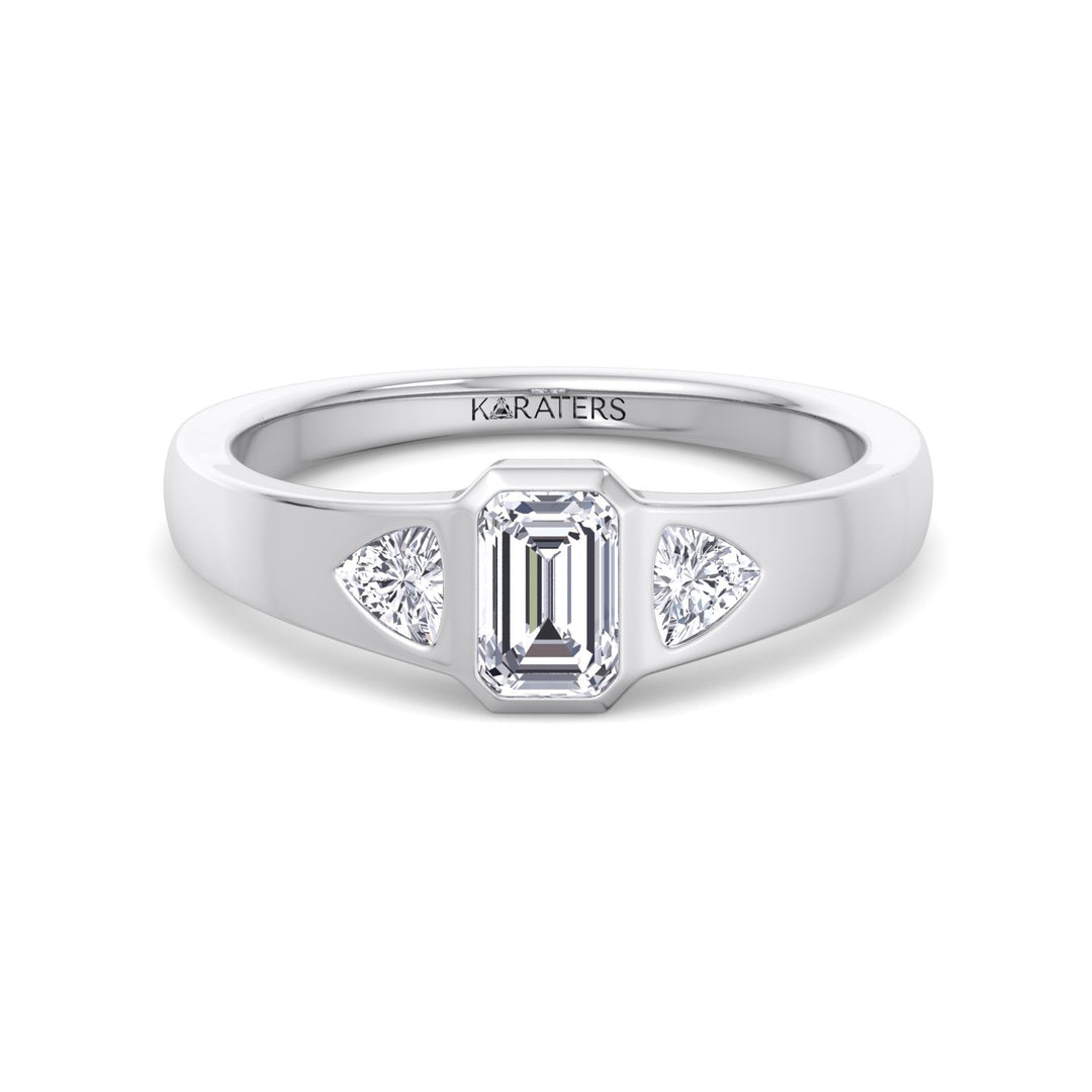 Bezel Set Emerald Lab Grown Diamond with Trillion Sidestones Engagement Ring White Gold  18K