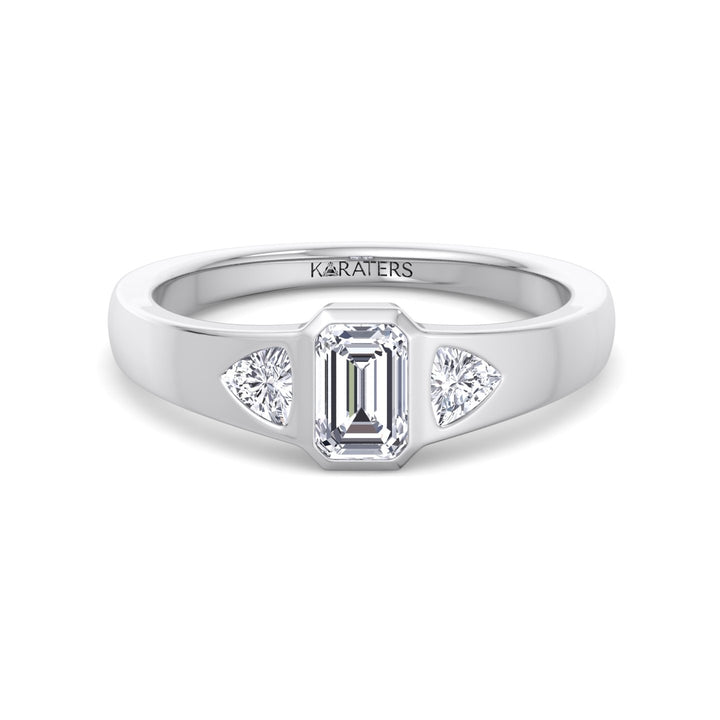 Bezel Set Emerald Lab Grown Diamond with Trillion Sidestones Engagement Ring White Gold  18K