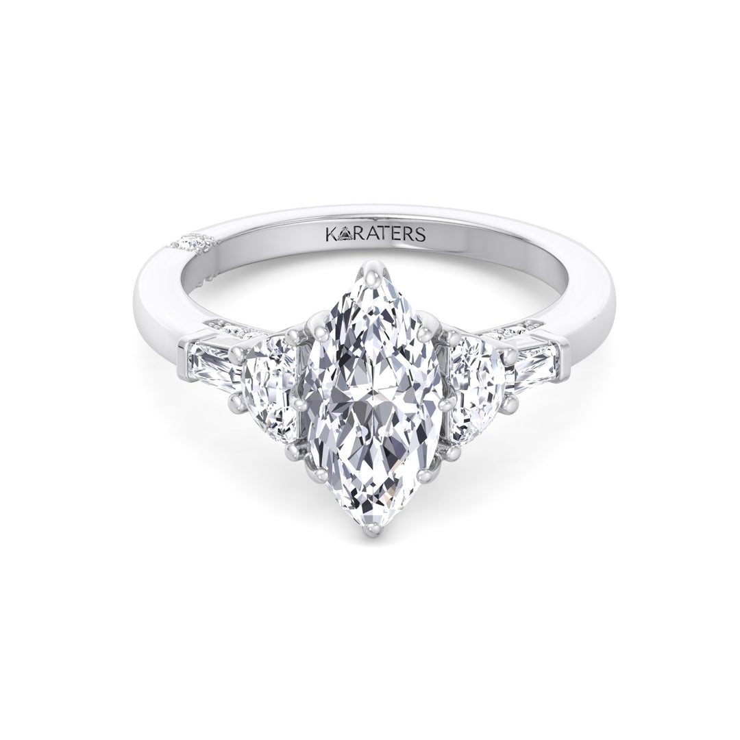 Marquise Shape Lab Grown Diamond Engagement Ring with Half Moon and Tapered Baguette Sidestones White Gold 18K
