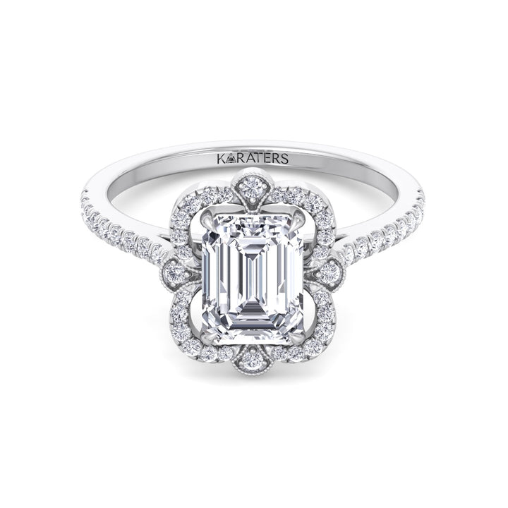 Vintage Style Emerald Cut Lab Grown Diamond Engagement Ring with Pave Band