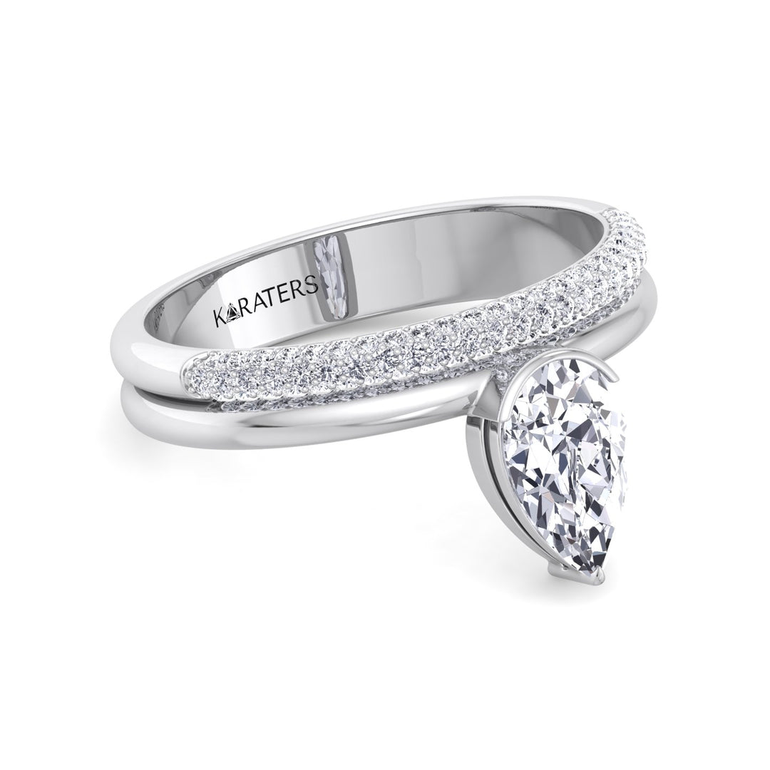 Floating Pear Shape Lab Grown Diamond Engagement Ring with Double Band White Gold 14K