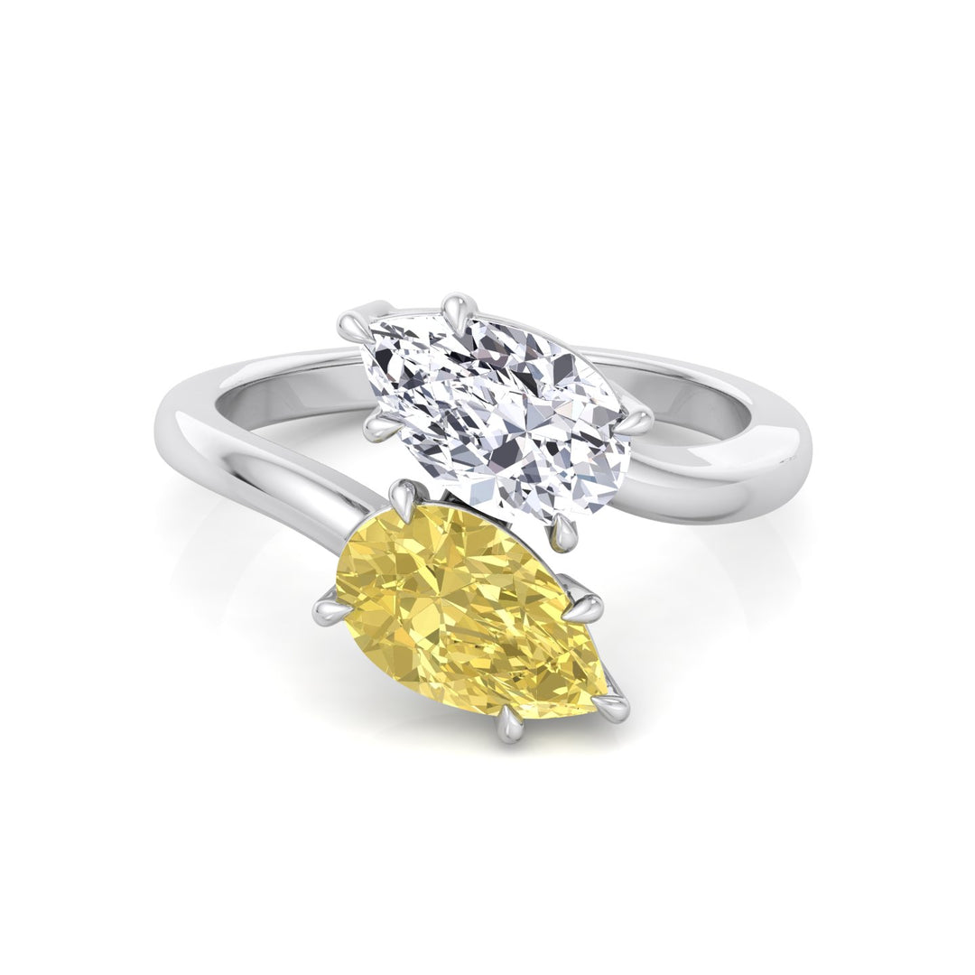 Fancy Yellow Pear Shape Lab Grown Diamond Bypass Two Stone Engagement Ring White Gold 14K 