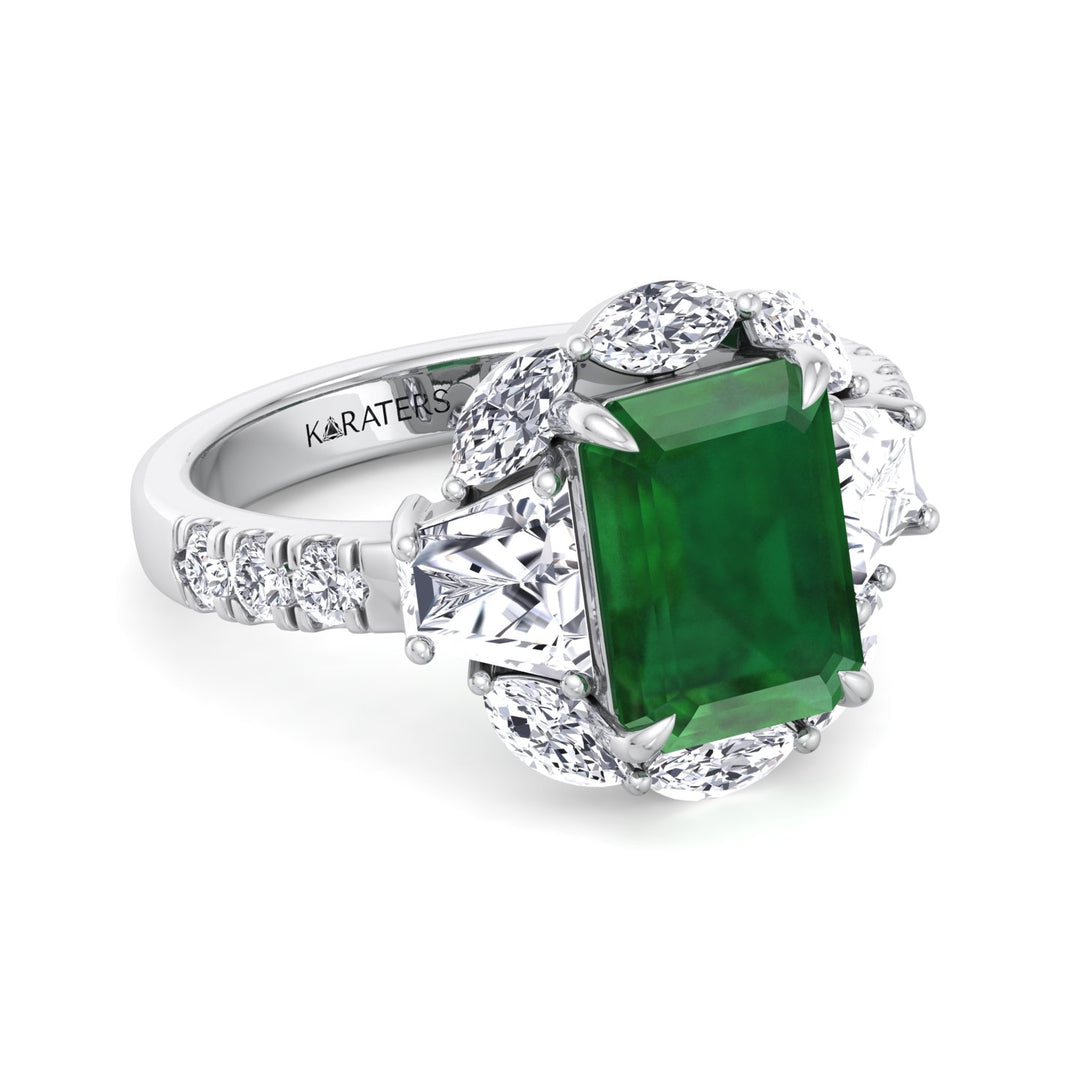 WG Green Emerald Lab Grown Diamond with Multiple Side Stone Engagement Ring flat side view