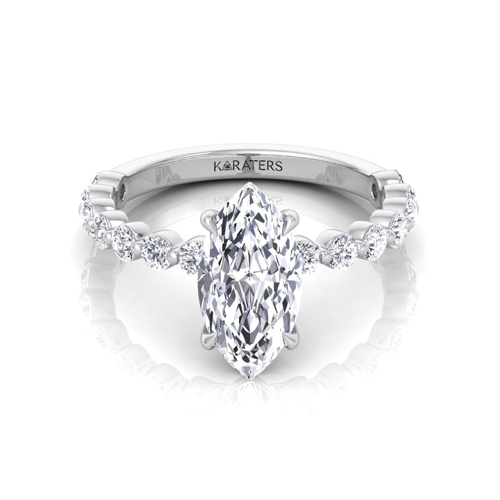 Veloma - Marquise Shape Lab Grown Diamond Engagement Ring with Round Single Prong Side Stones