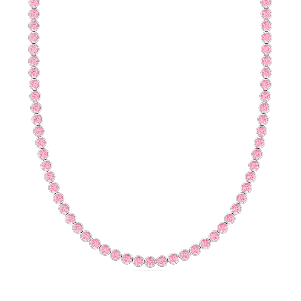 Bezel Set Fancy Pink Lab Grown Diamond Tennis Necklace 18K White Gold