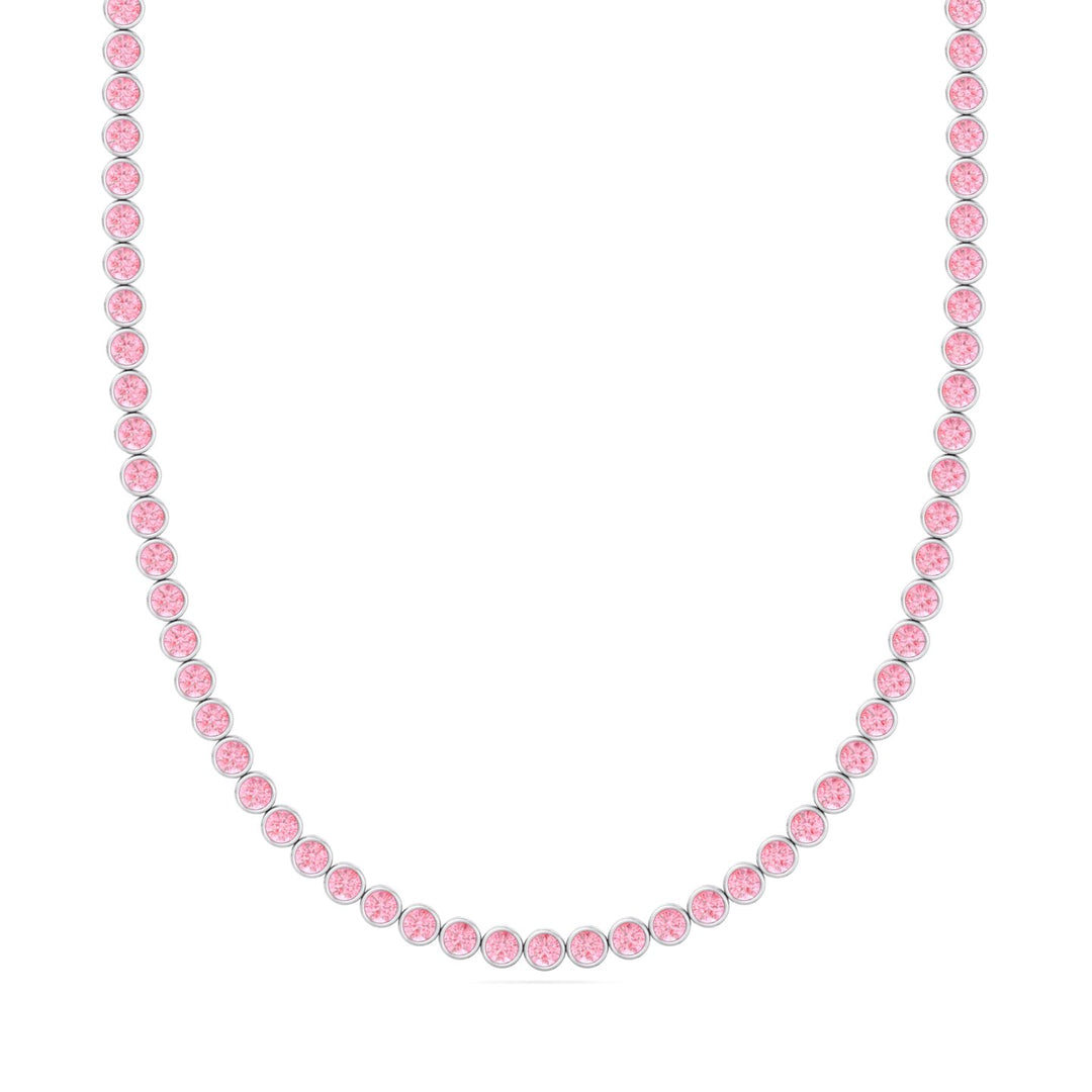 Bezel Set Fancy Pink Lab Grown Diamond Tennis Necklace 18K White Gold