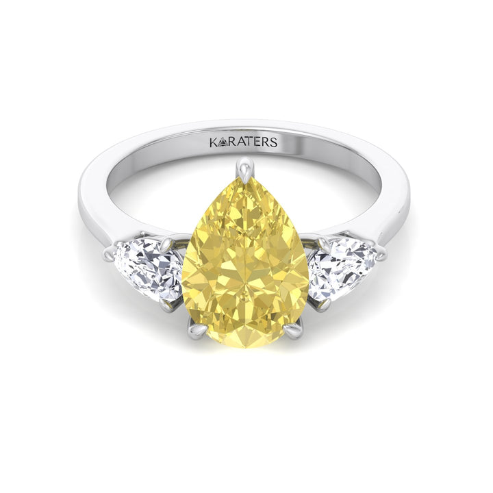 Fancy Yellow Pear Shape Lab Grown Diamond Engagement Ring with Pear Sidestones White Gold 14K
