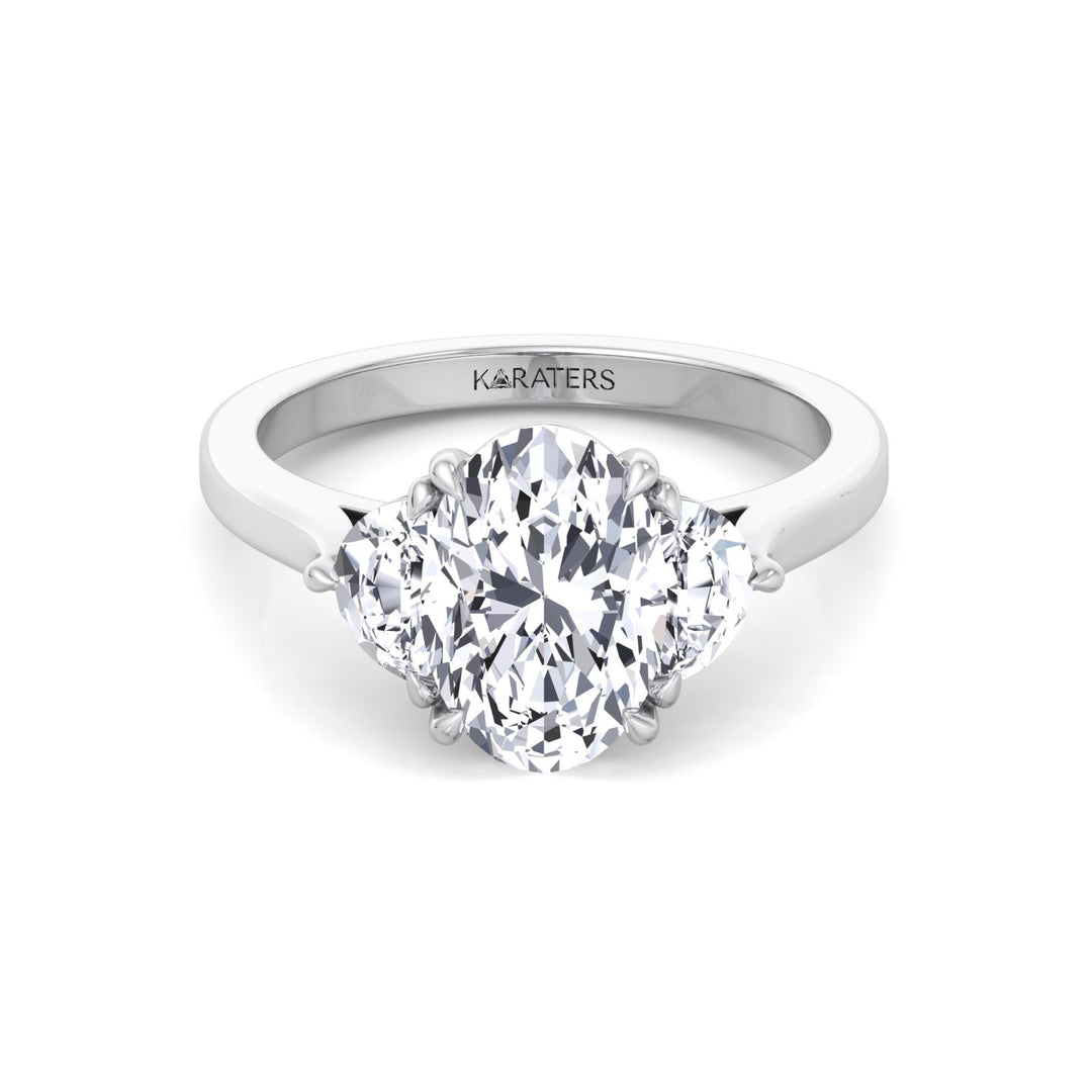 Oval Shape Lab Grown Diamond Engagement Ring with Half Moon Sidestones White Gold 14K