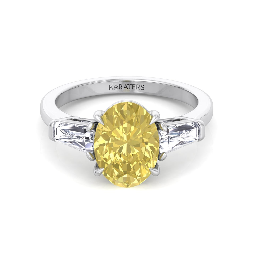 Fancy Yellow Oval Shape Lab Grown Diamond Engagement Ring with Tapered Baguette Sidestones White Gold 14K