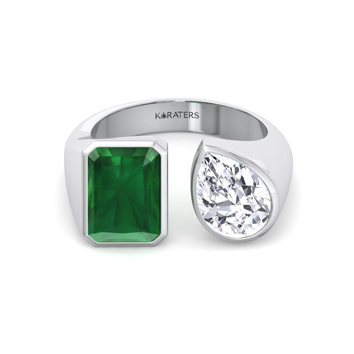 WG Radiant Green Emerald and Pear Shape Bezel Set Lab Grown Diamond front view