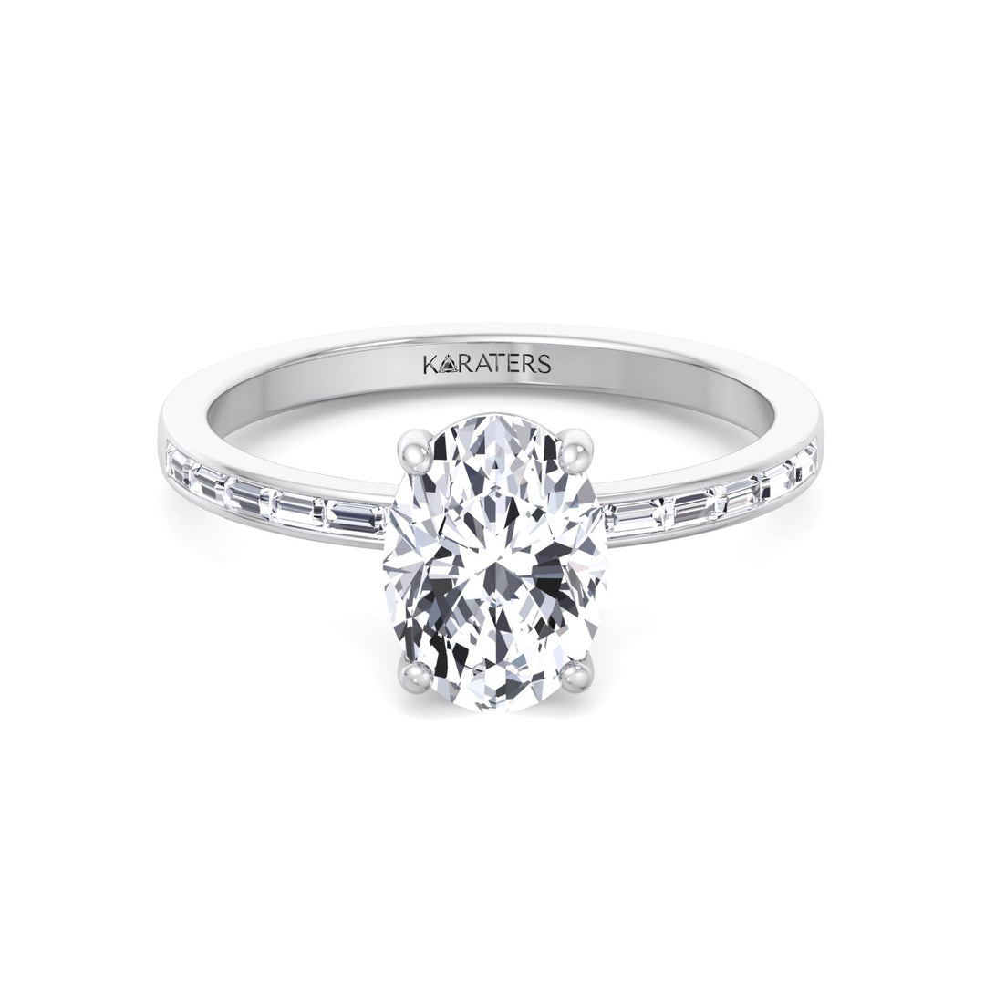 Oval Cut Lab Grown Diamond Engagement Ring with Baguette Channel Band-1CT-2CT-3CT-4CT-5CT-6CT-7CT-8CT-9CT-10CT-18K-White Gold