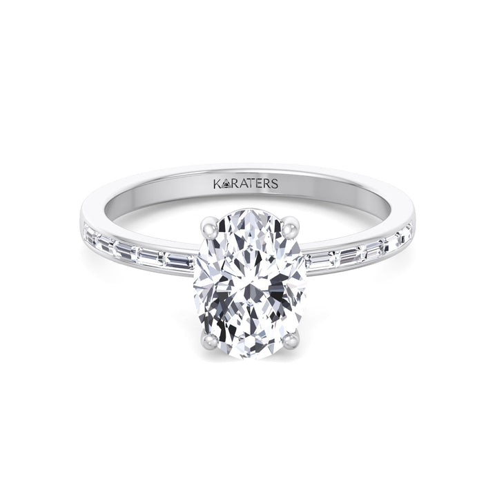 Oval Cut Lab Grown Diamond Engagement Ring with Baguette Channel Band-1CT-2CT-3CT-4CT-5CT-6CT-7CT-8CT-9CT-10CT-18K-White Gold