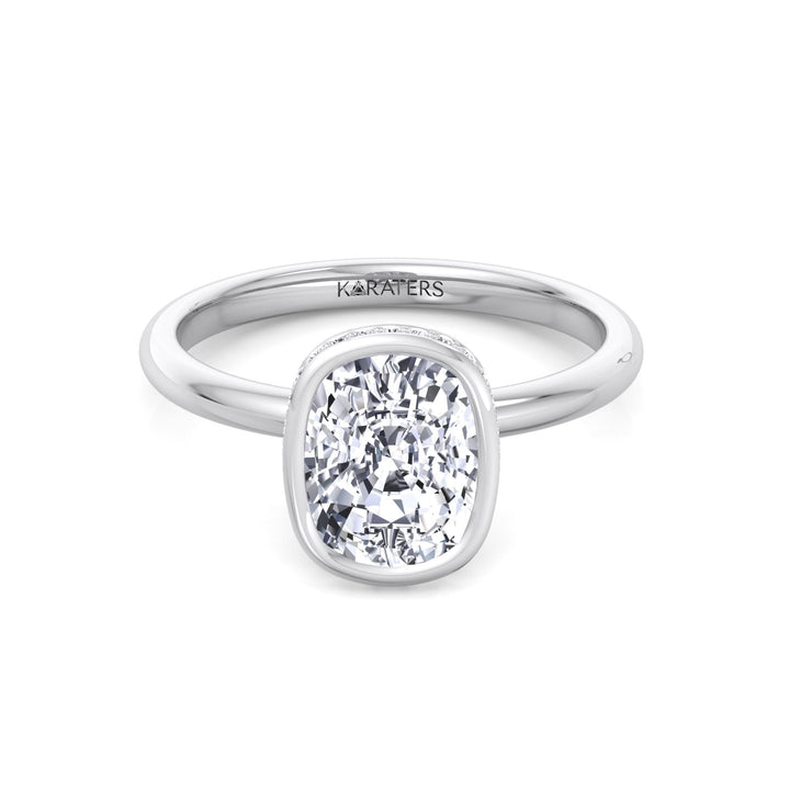 Bezel Set Cushion Cut Lab Grown Diamond Engagement Ring with Hidden Halo White Gold 14K