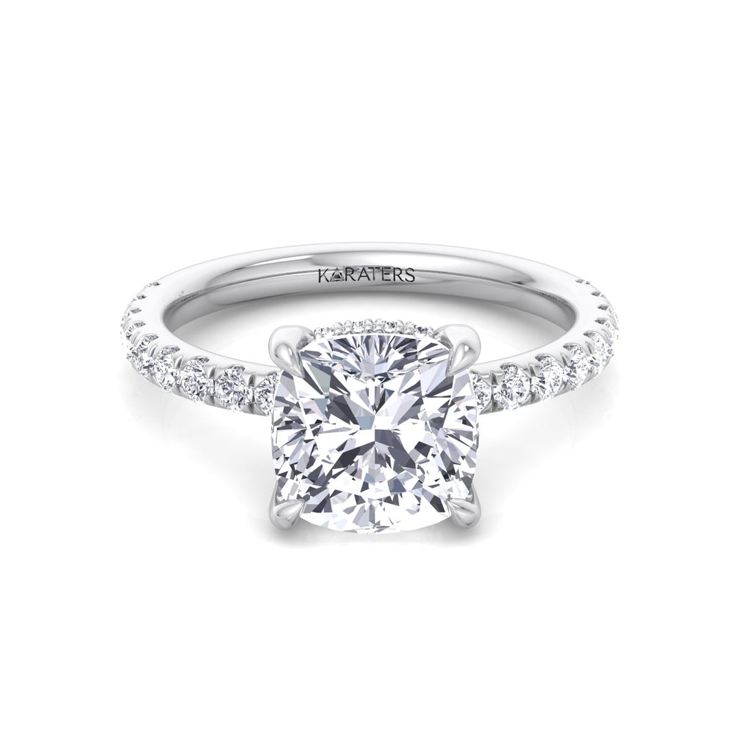 Cushion Cut Lab Grown Diamond Engagement Ring with Sidestones and Hidden Halo White Gold 14K