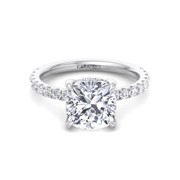 Cushion Cut Lab Grown Diamond Engagement Ring with Sidestones and Hidden Halo White Gold 14K