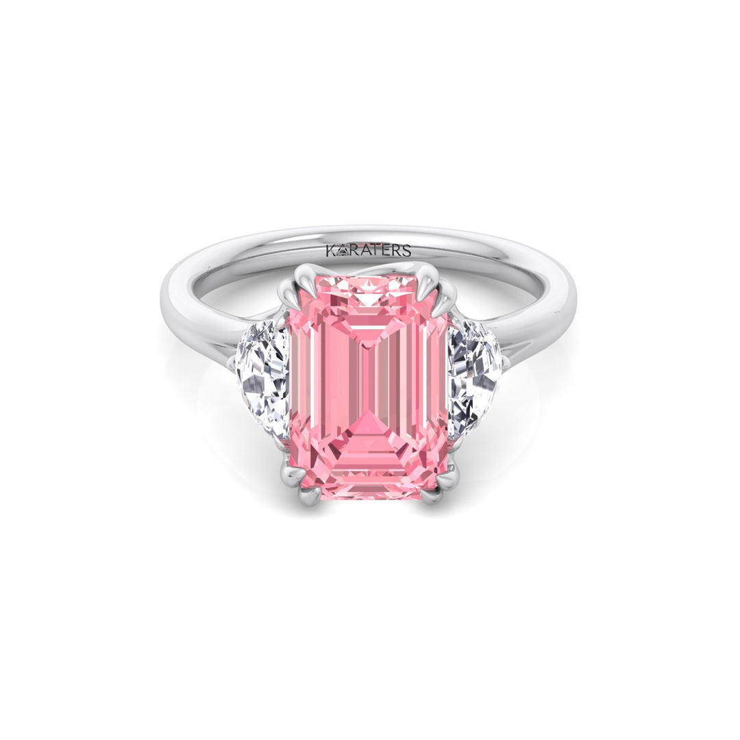 Fancy Pink Emerald Shape Lab Grown Diamond Engagement Ring with Half Moon Sidestones White Gold 14K
