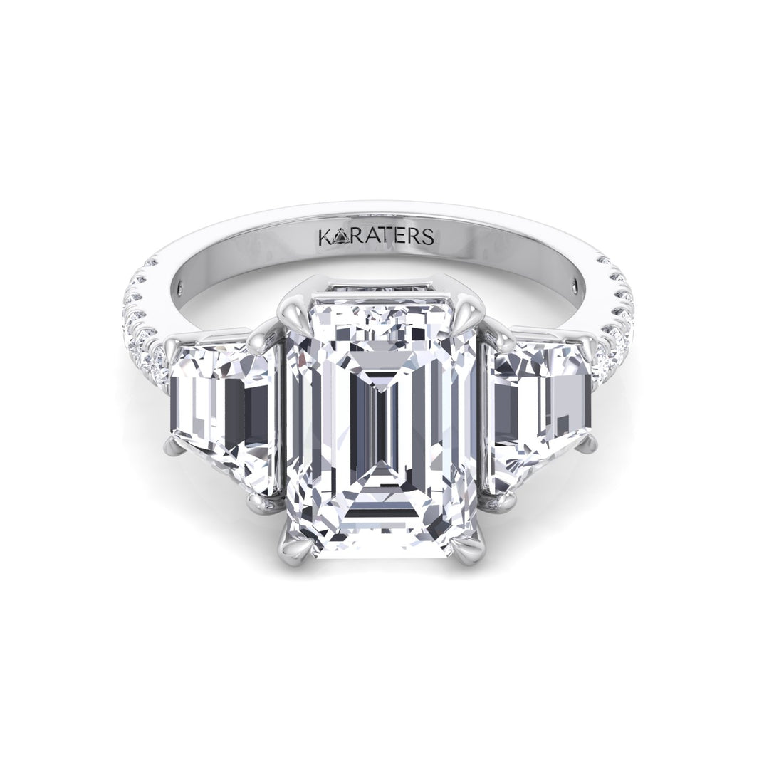 Emerald & Trapezoid Three Stone Lab-Grown Diamond Engagement Ring with Sidestones White Gold 14K